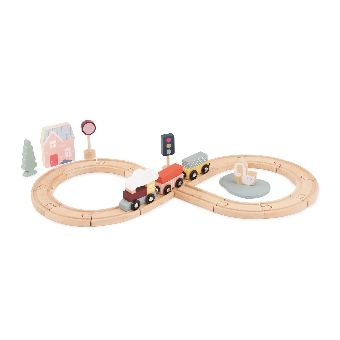 Wooden train set with tracks, cars, and small accessories on a white background