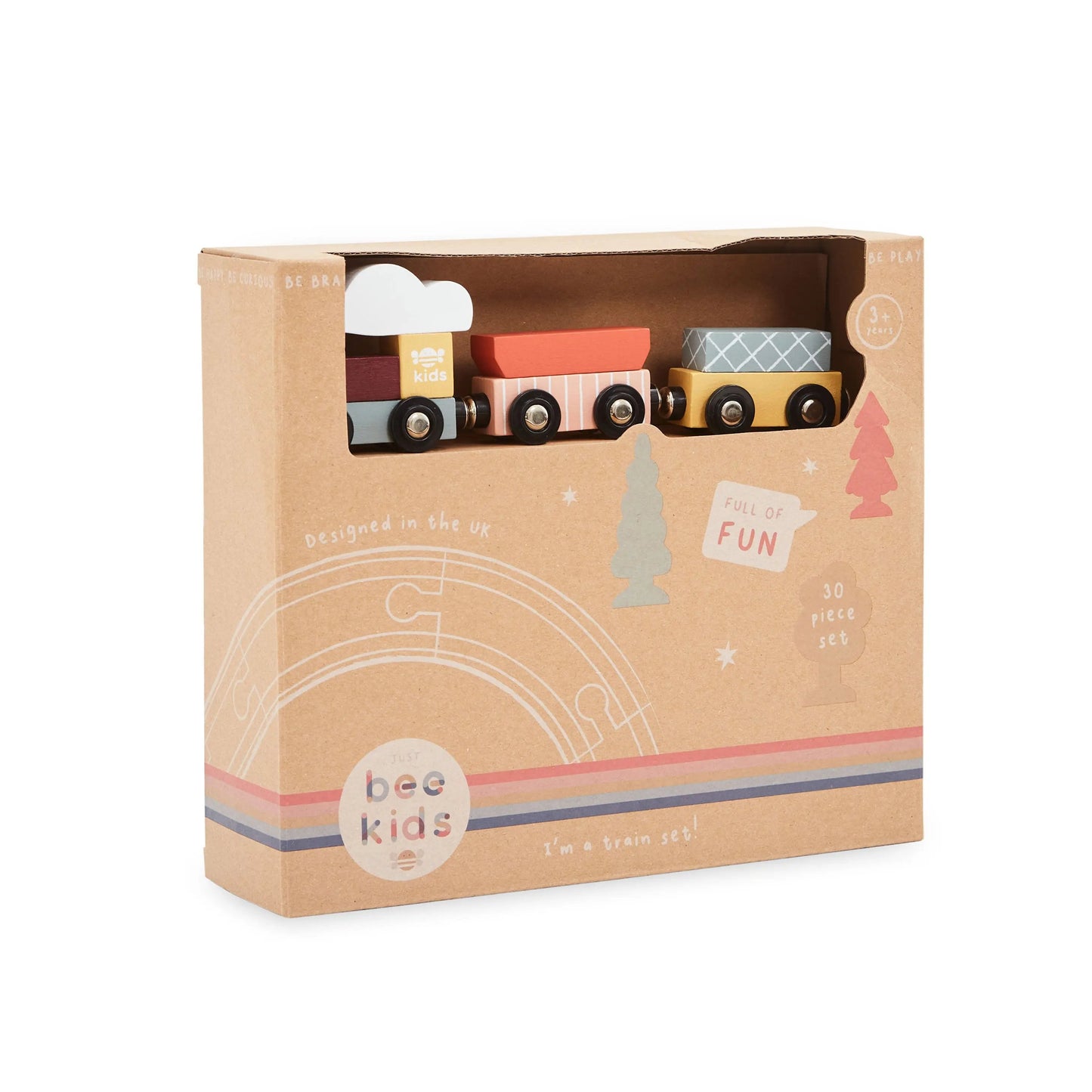 Wooden toy train set in a 'just bee kids' branded box on a white background