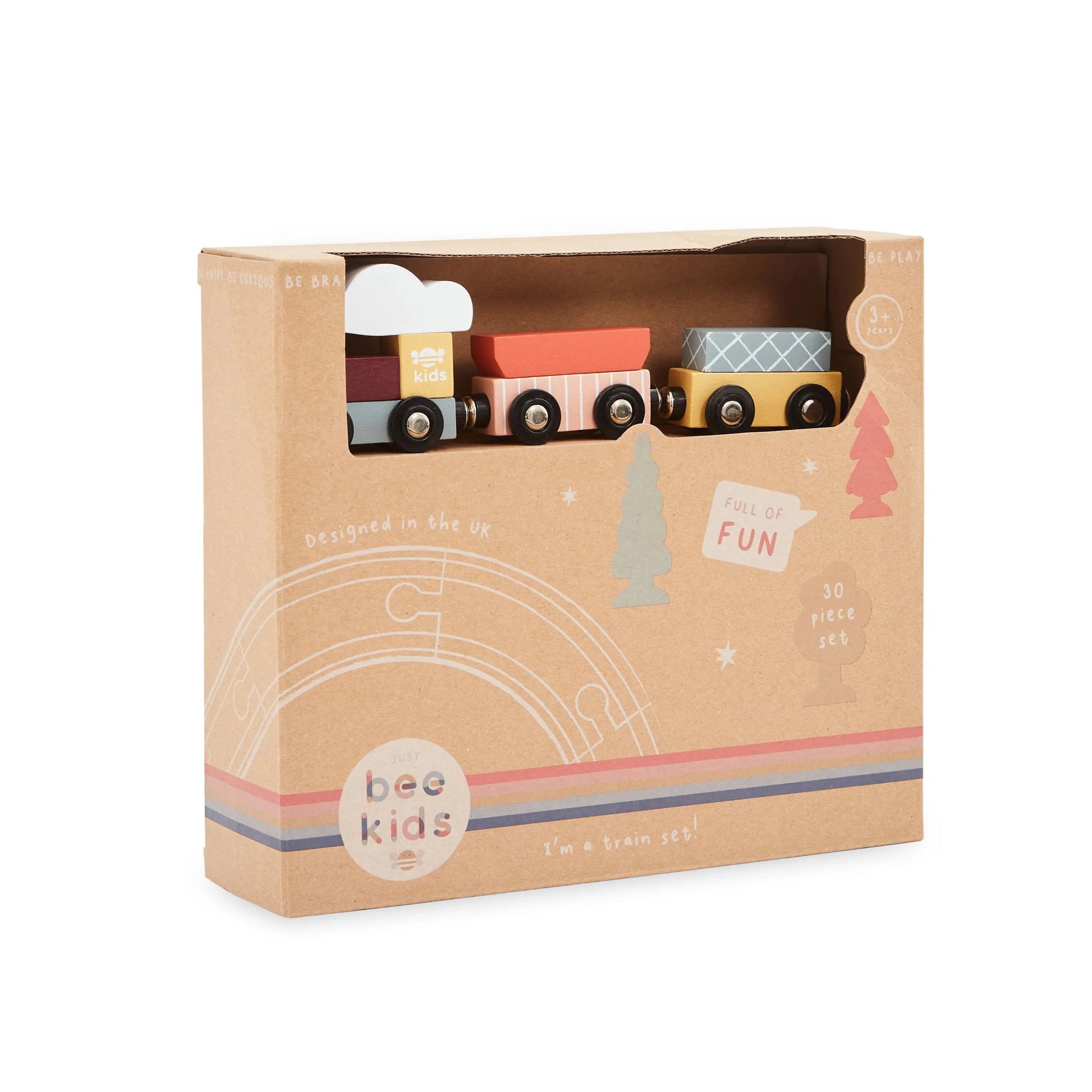 Wooden toy train set in a 'just bee kids' branded box on a white background