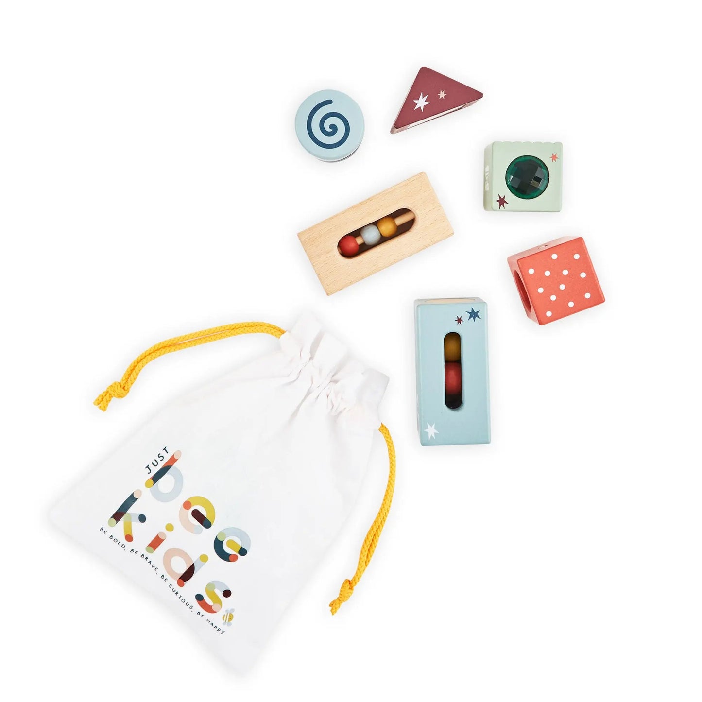Colourful geometric shape blocks with a drawstring bag labelled 'Just Bee Kids'