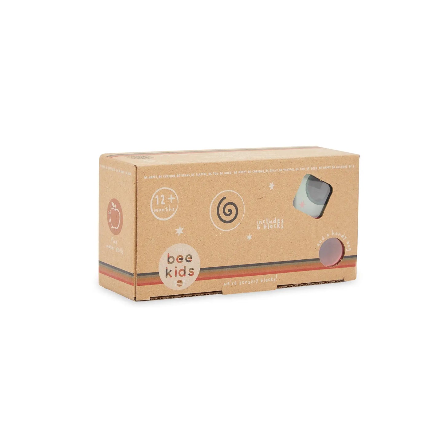 Cardboard box with 'bee kids' branding on a white background