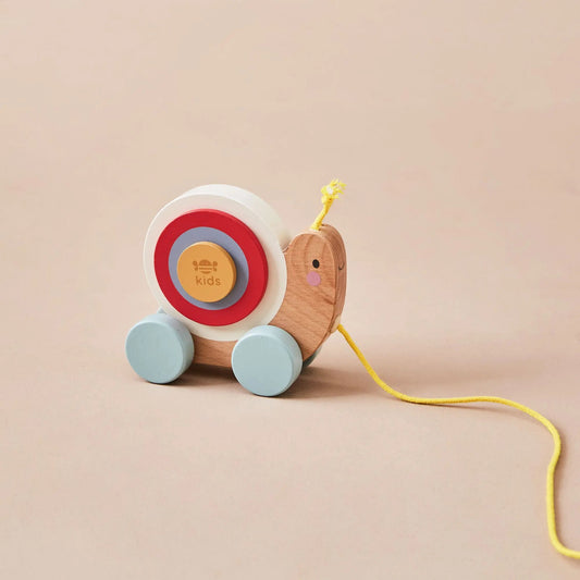 Wooden snail toy with colourful shell on a beige background