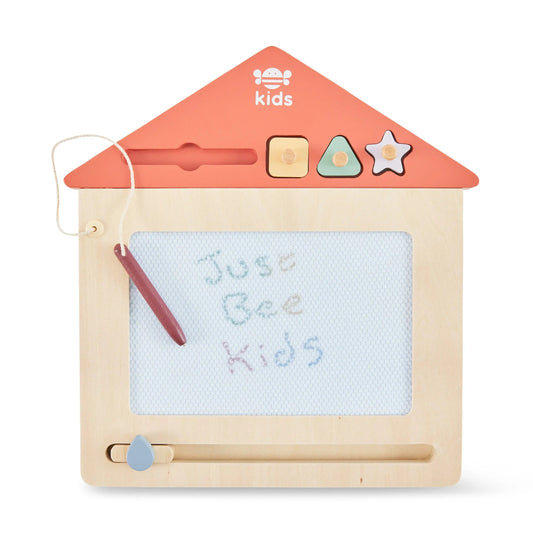Children's drawing board with magnetic letters and shapes on a white background
