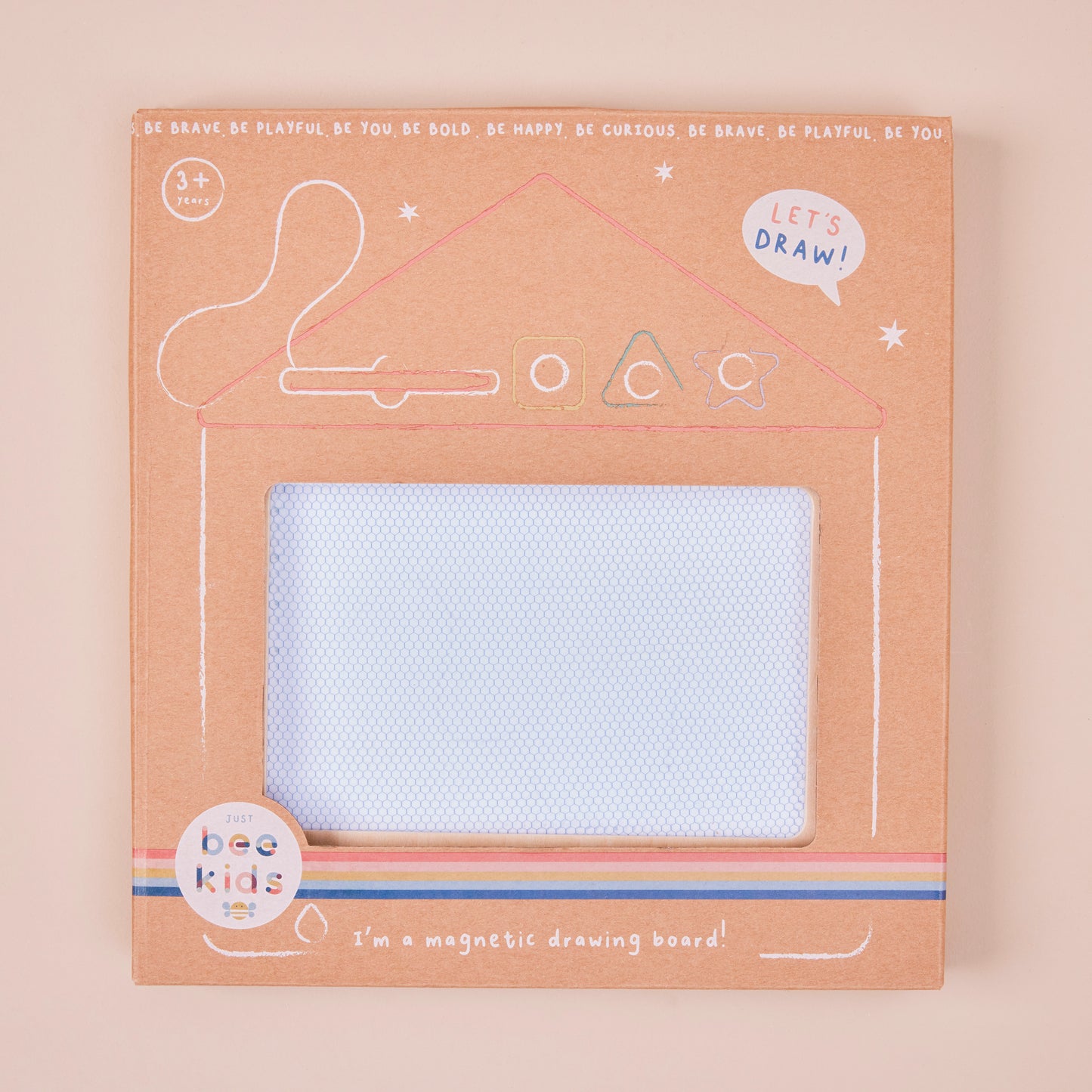 Magnetic drawing board packaging on a beige background