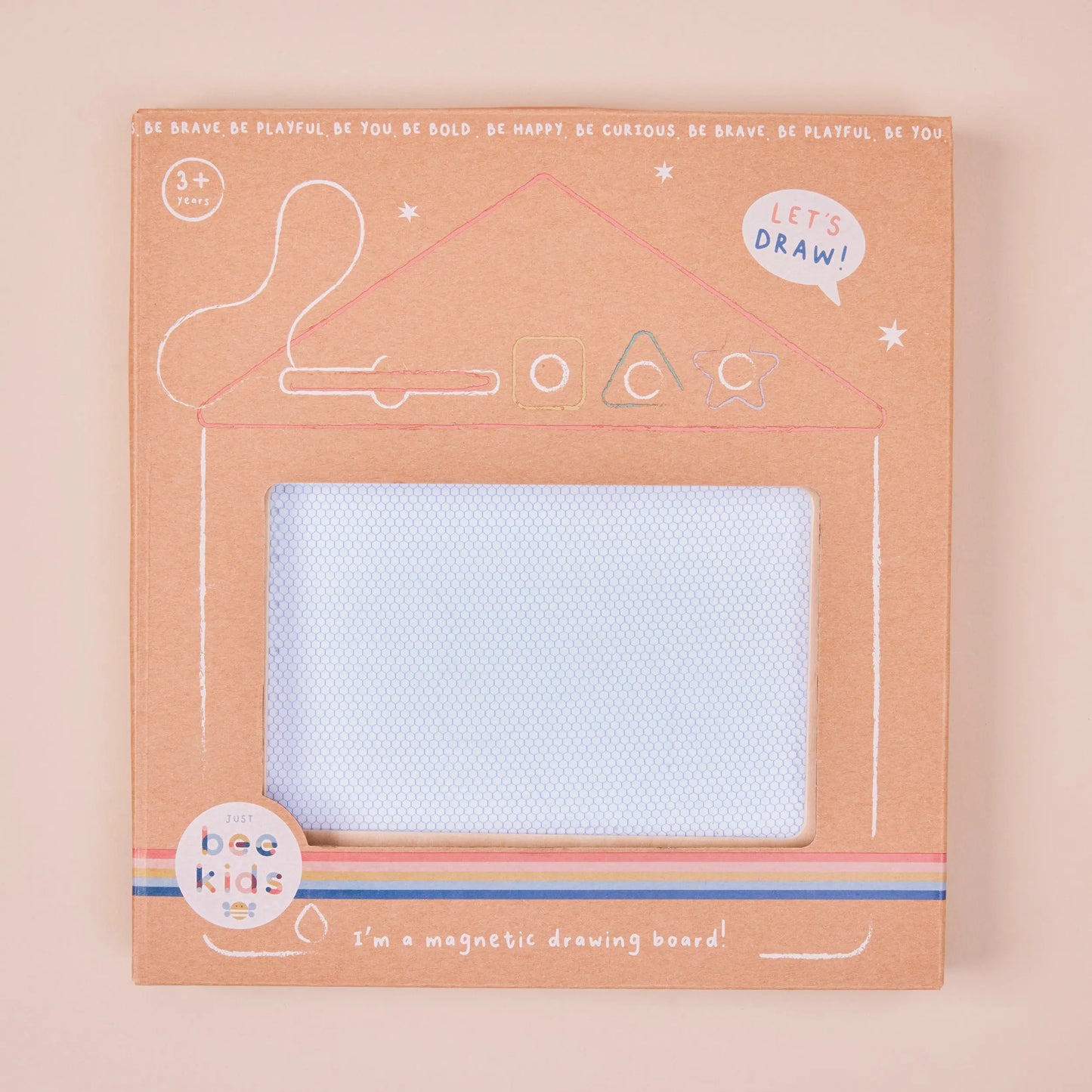 Magnetic drawing board packaging on a beige background