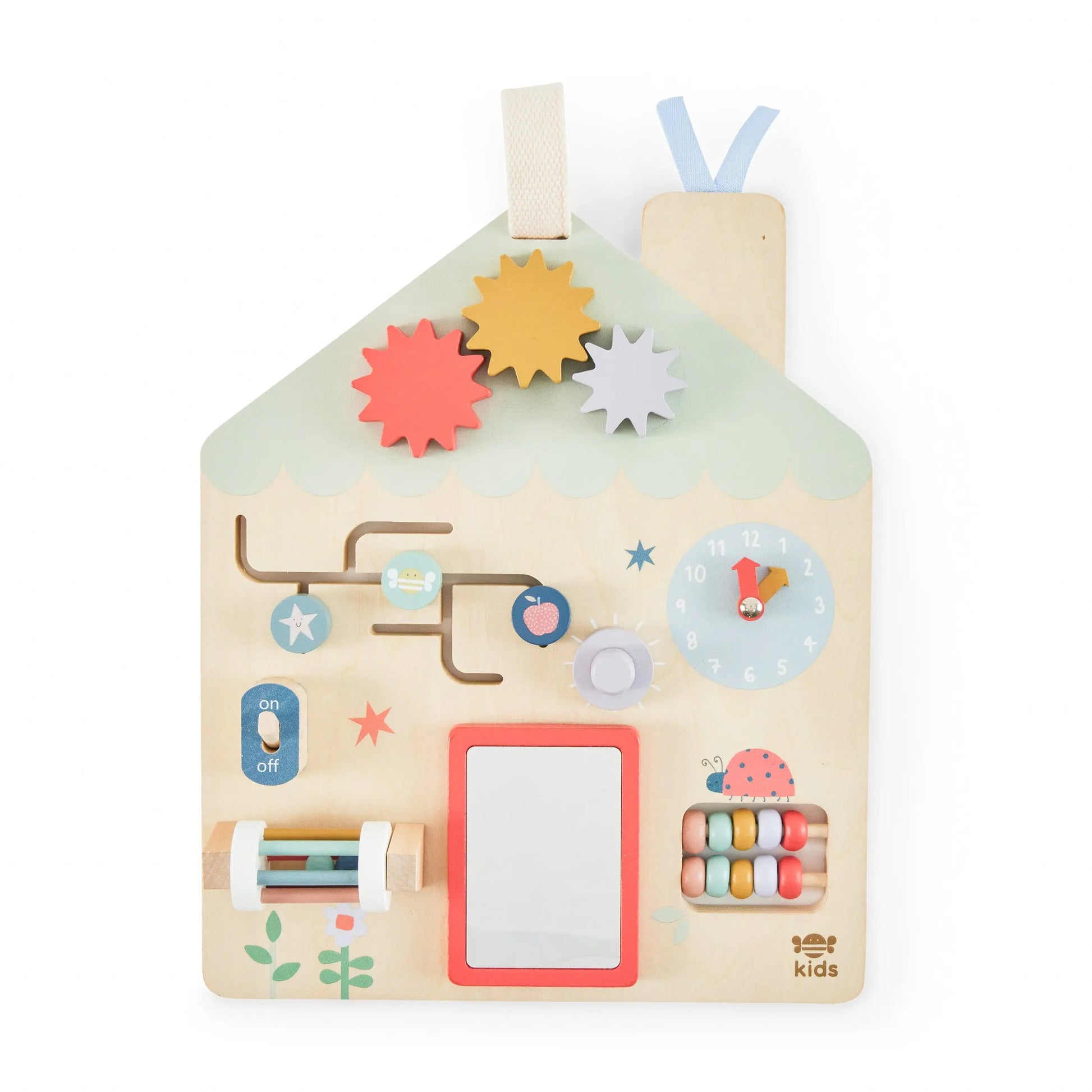 Wooden educational busy board shaped like a house with various interactive elements on a white background