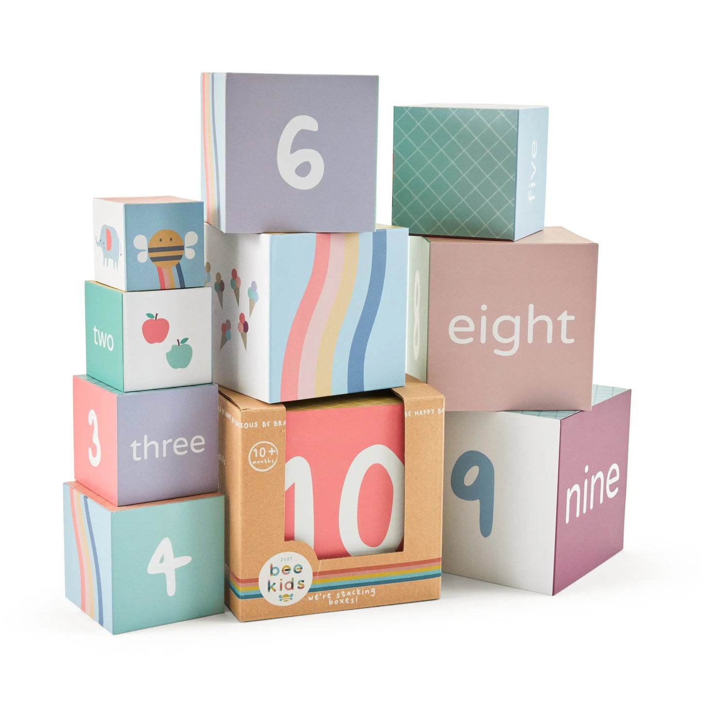 Colourful number blocks stacked on a white background