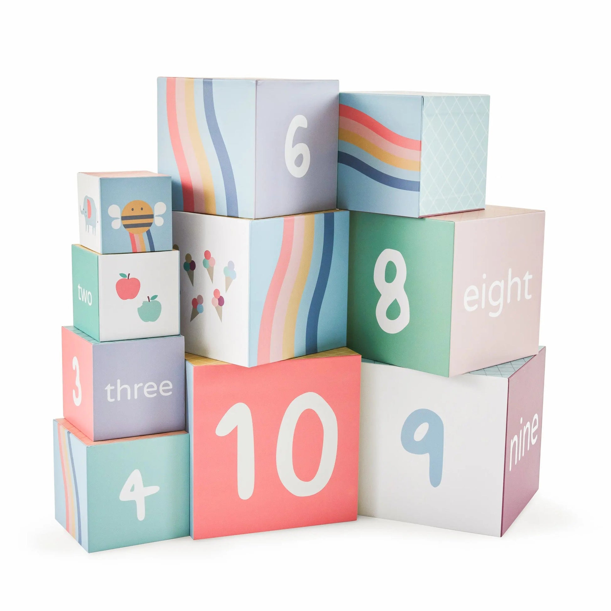 Colourful number blocks stacked on a white background