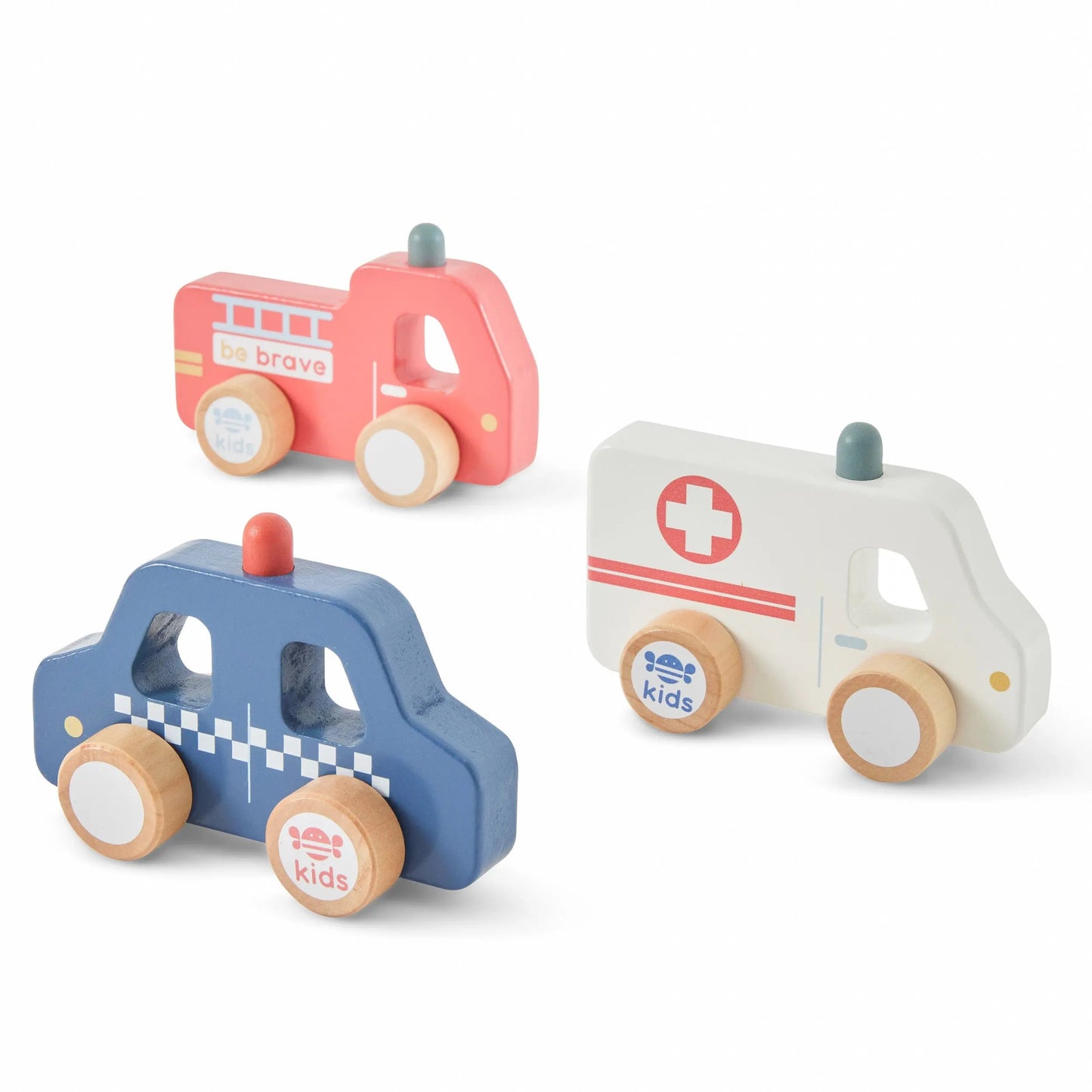 Set of three wooden toy vehicles including a fire truck, police car, and ambulance on a white background.