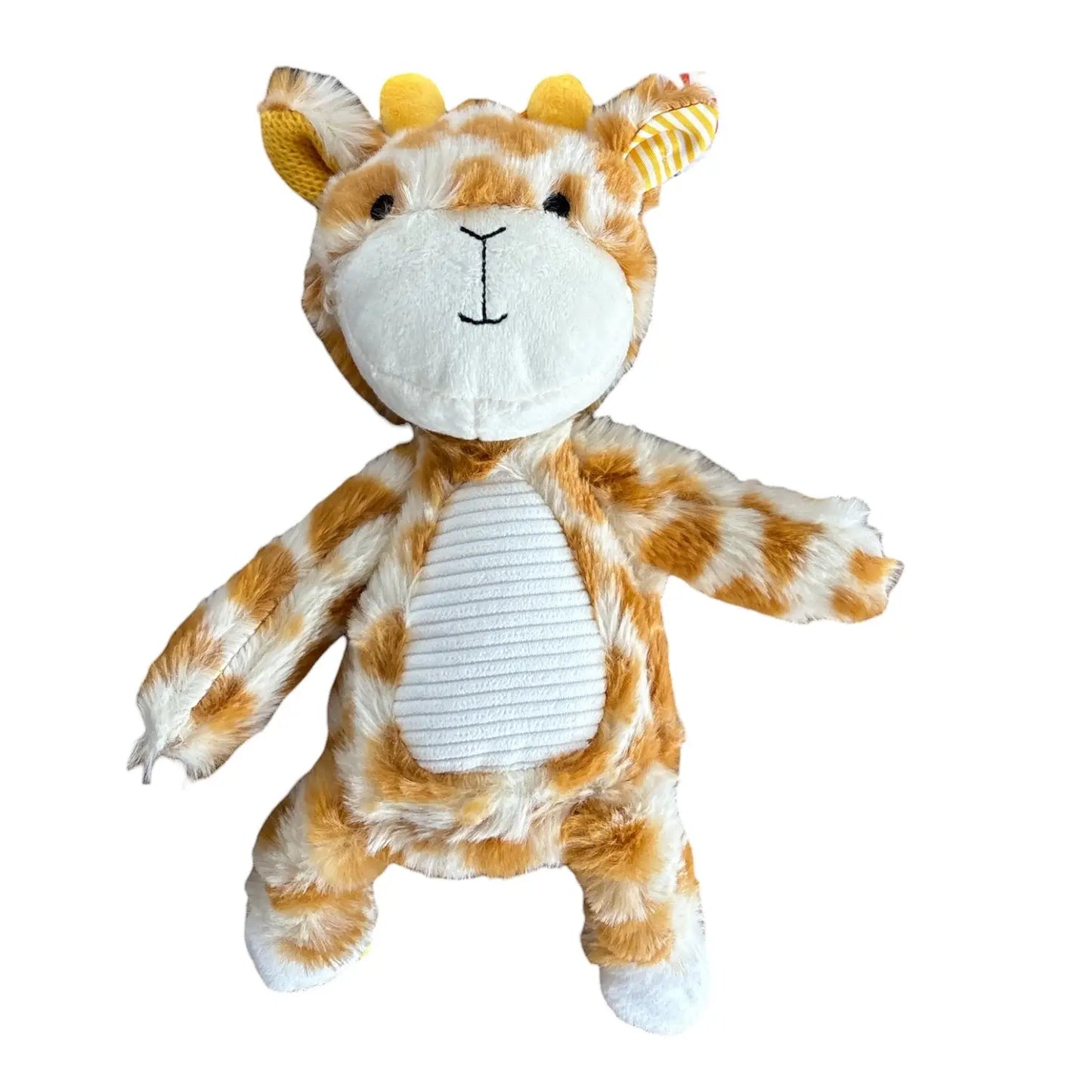 A plush giraffe toy with orange and white patches, a white snout and belly, and yellow accents on its ears and horns, isolated on a white background.
