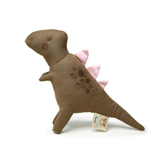 Brown dinosaur plush toy with pink accents on a white background
