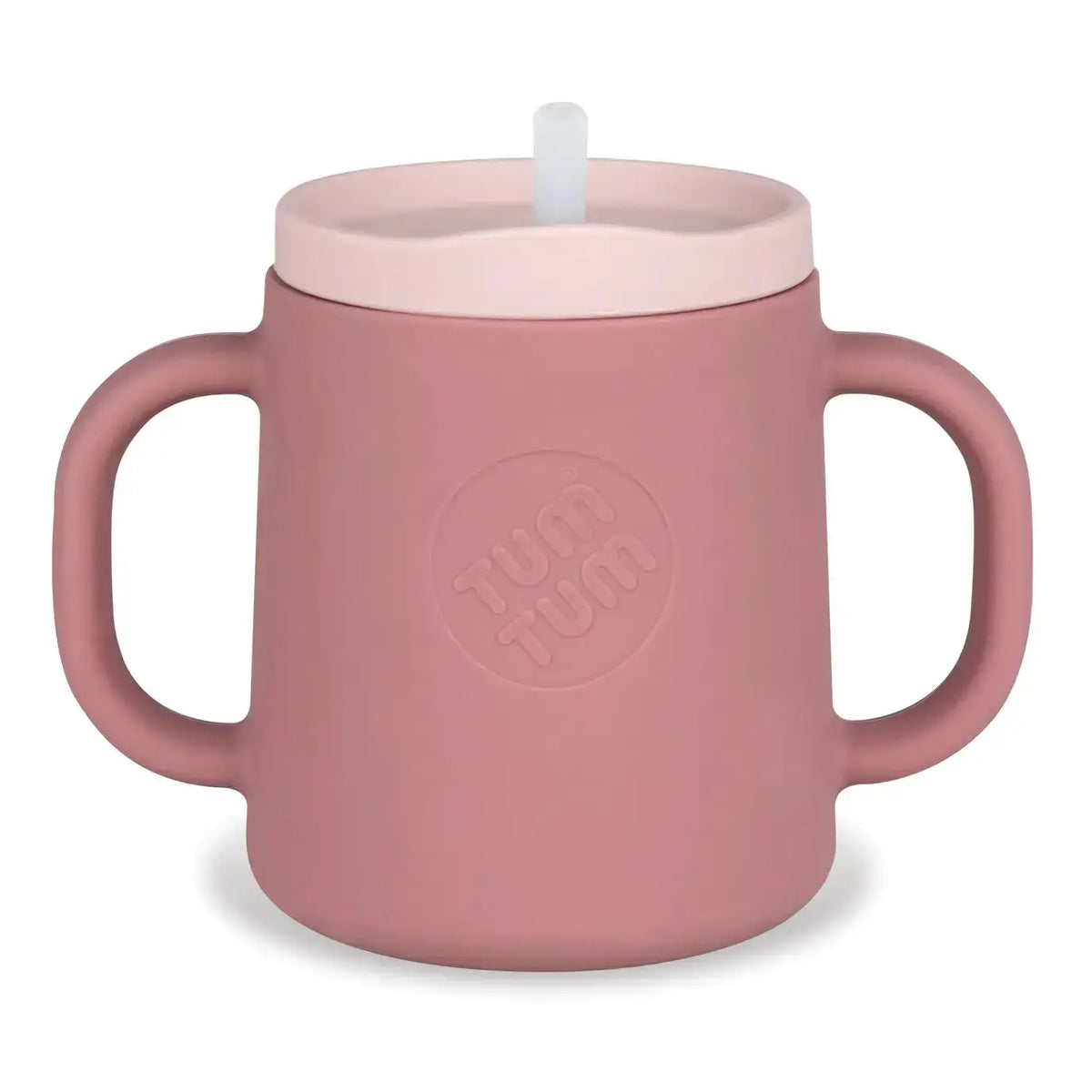 Pink children's cup with handle and straw lid on a white background