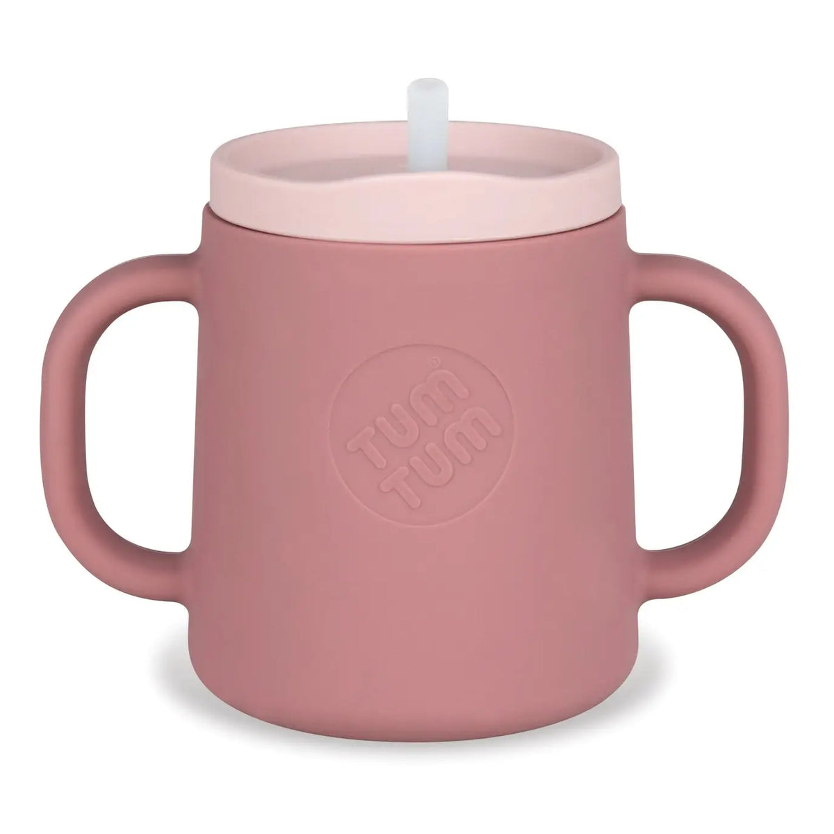 Pink children's cup with handle and straw lid on a white background