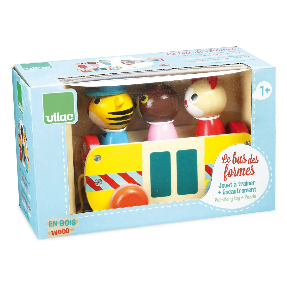 Vilac Le Bus des Formes wooden pull-along toy in its original light blue packaging box, showing three colourful wooden animal characters inside a yellow bus.