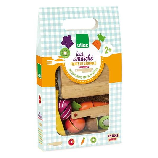 A package of Vilac 'Jours du march' wooden cutting fruits and vegetables toy set, shown in its light blue and white gingham bag with a clear window displaying the wooden toy pieces inside.