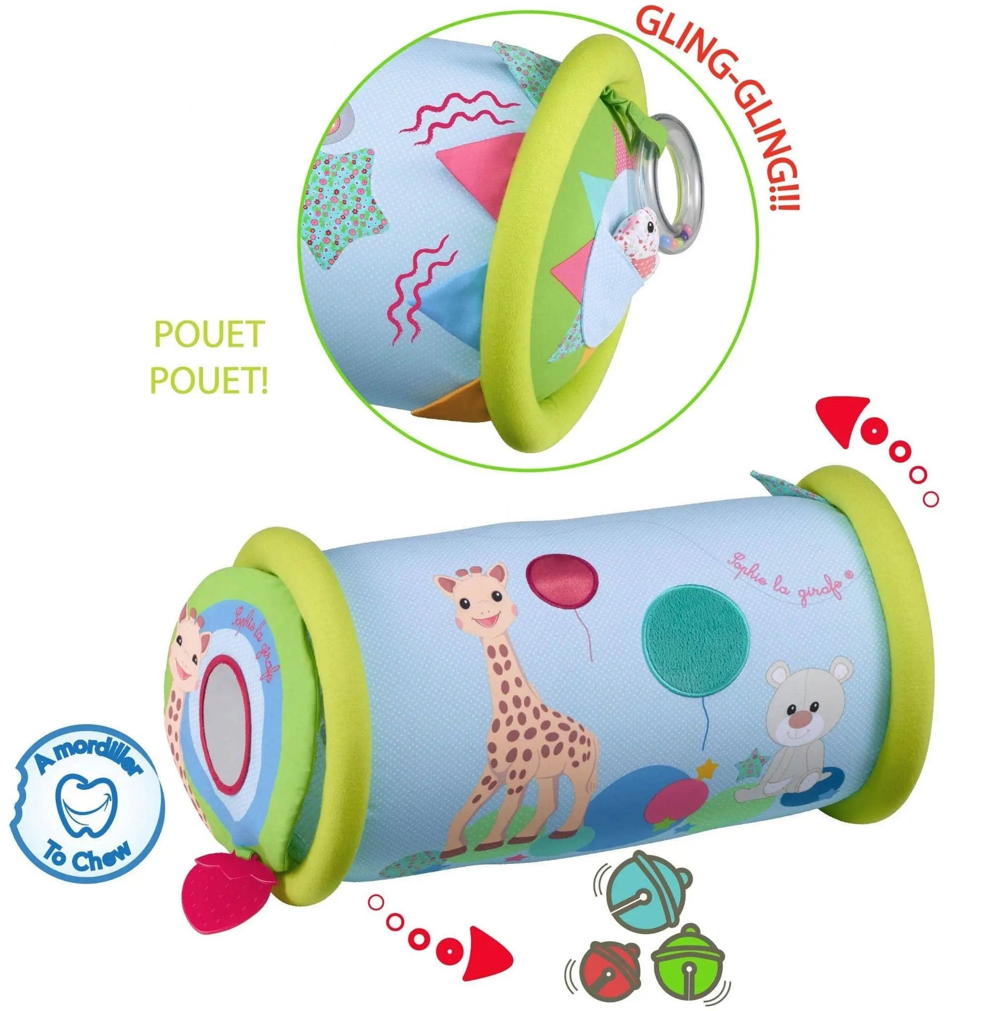 Close-up of Roller’s Interactive Features – Mirrors, rattles, a teething ring, and various textures for sensory exploration.