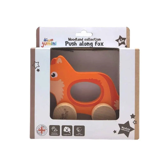 Packaging of a push along fox toy from the Woodland collection by Jumini on a white background.