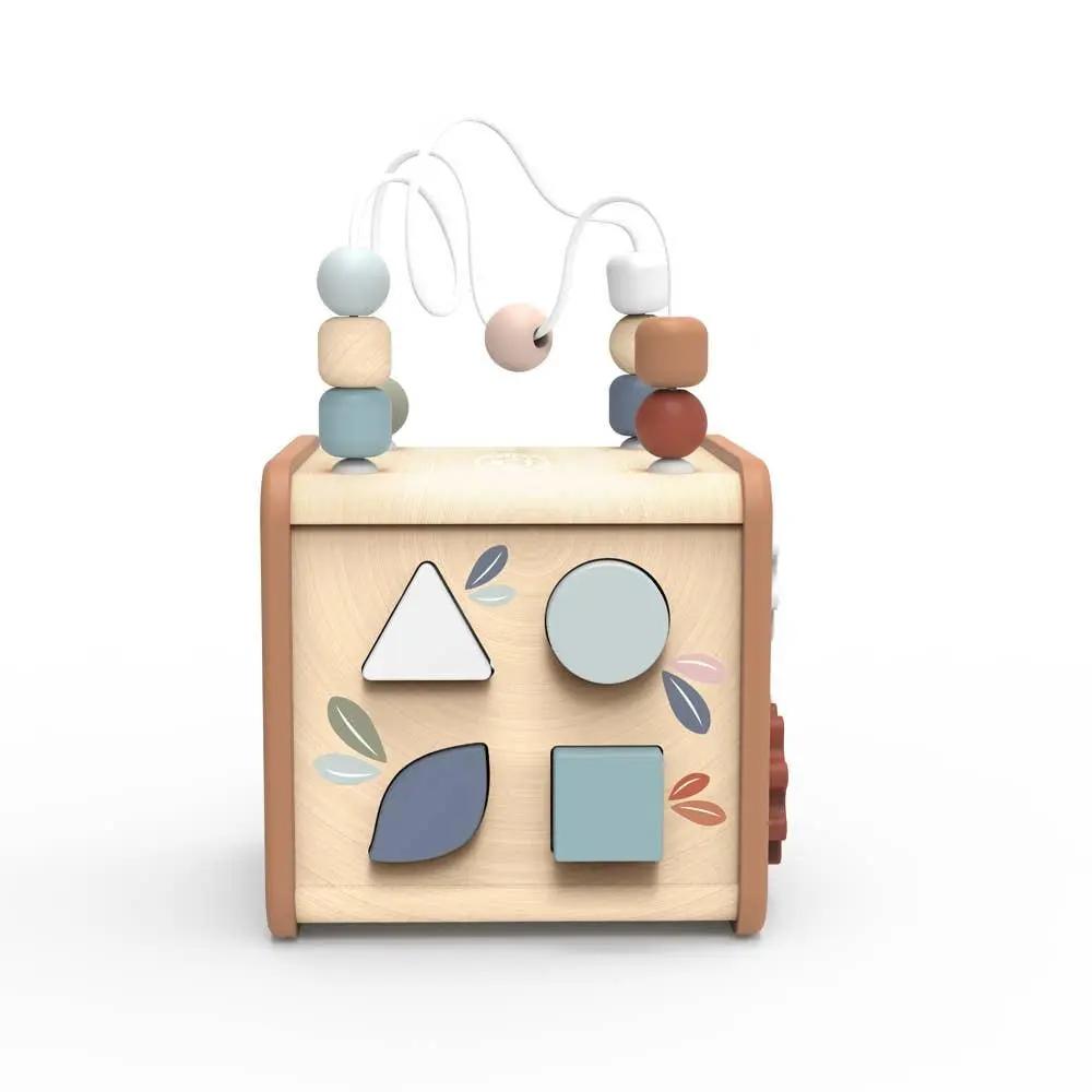 Wooden activity cube with bead maze, shape sorter, spinning gears, and more