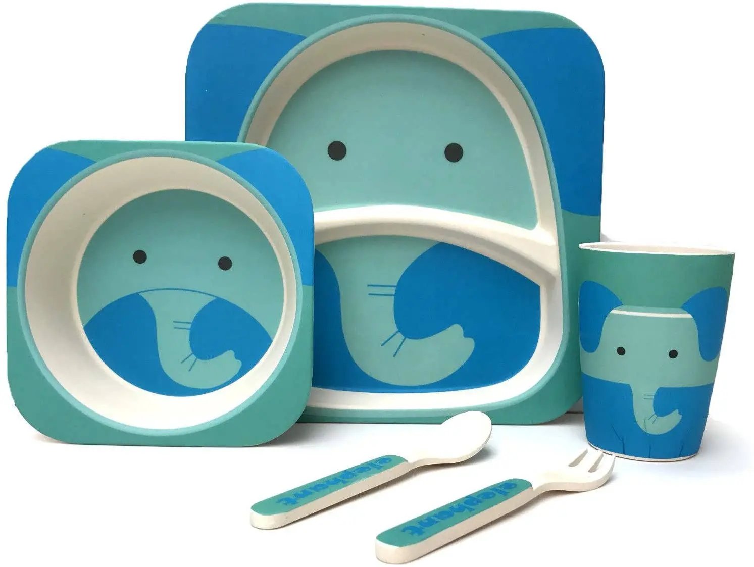 Children's 5 Piece Bamboo Dinner Set, Eco-Friendly, Dishwasher Safe (Elephant) - For The Baby