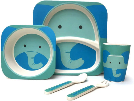 Children's 5 Piece Bamboo Dinner Set, Eco-Friendly, Dishwasher Safe (Elephant) - For The Baby