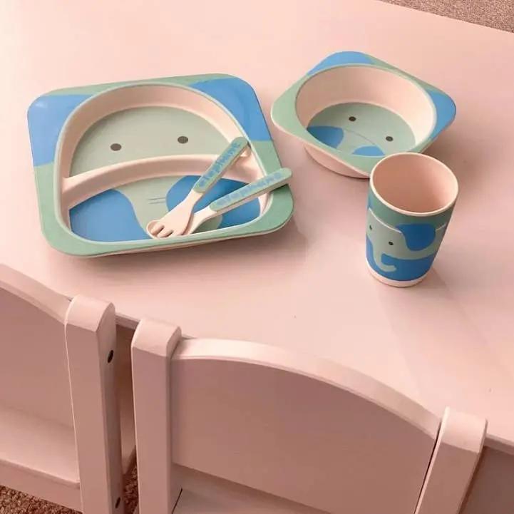 Children's 5 Piece Bamboo Dinner Set, Eco-Friendly, Dishwasher Safe (Elephant) - For The Baby