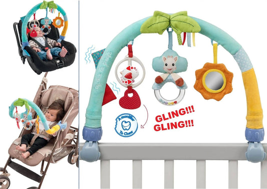 Sophie la Girafe Activity Arch on a pram