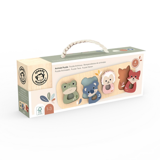 Box of wooden toys with animal designs on a white background