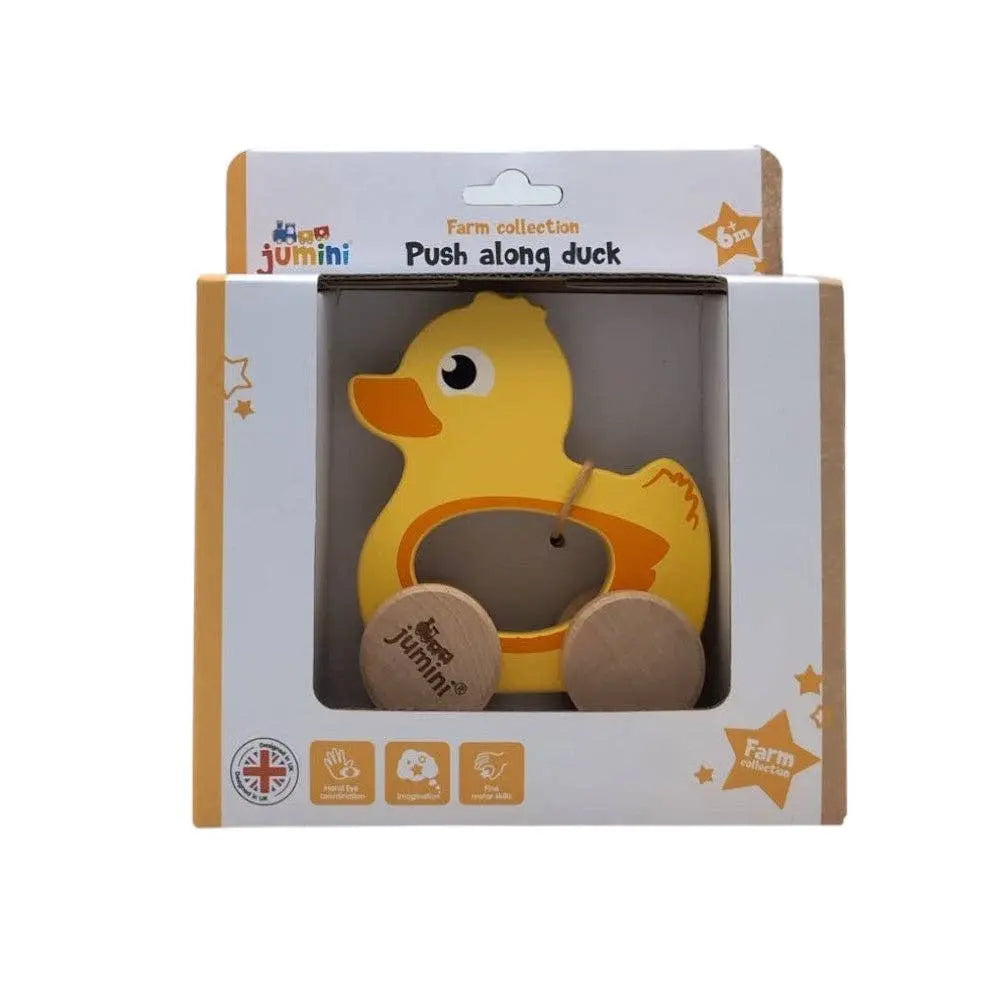 Yellow duck push along toy in a Jumini packaging on a white background