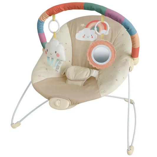 Baby bouncer with colourful handles and cloud design on a white background