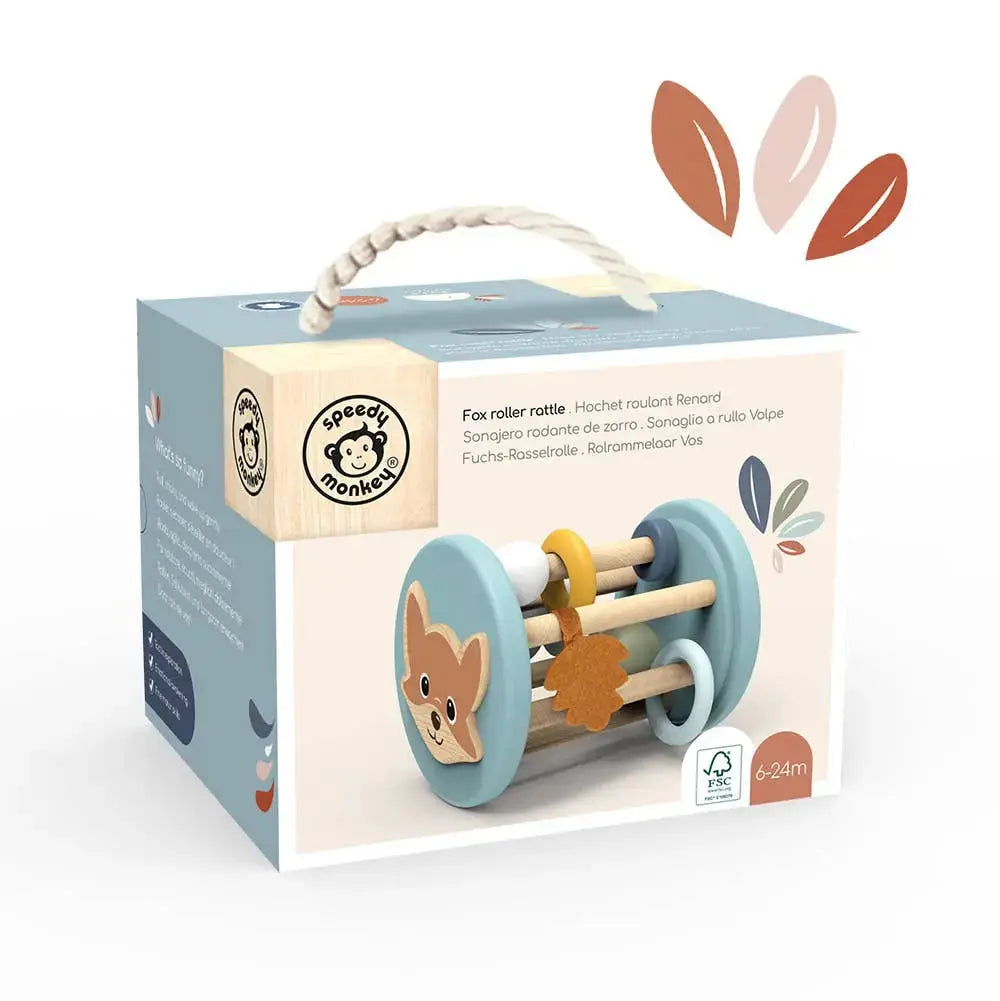 Wooden toy with fox design on a Speedy Monkey packaging box