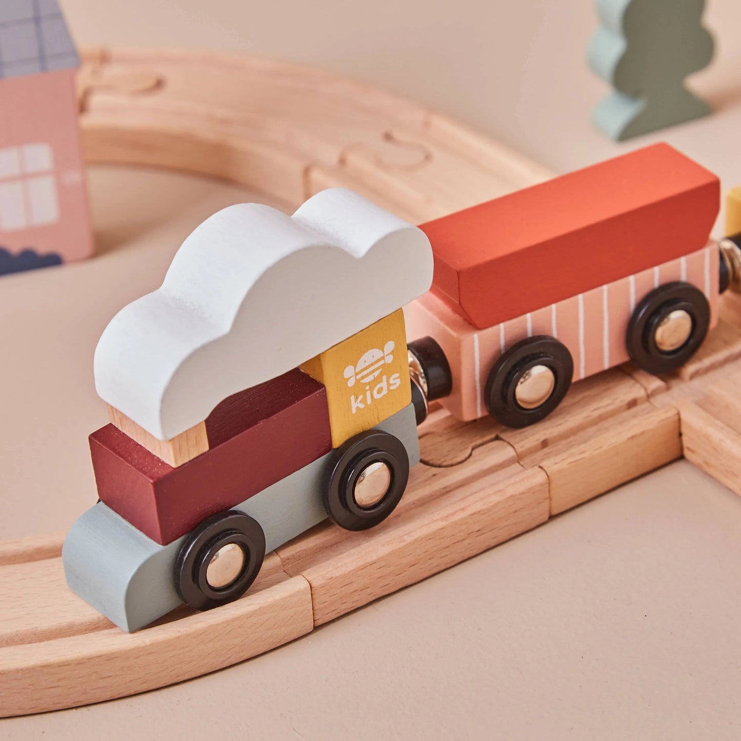 Close-Up of Wooden Train on Tracks
