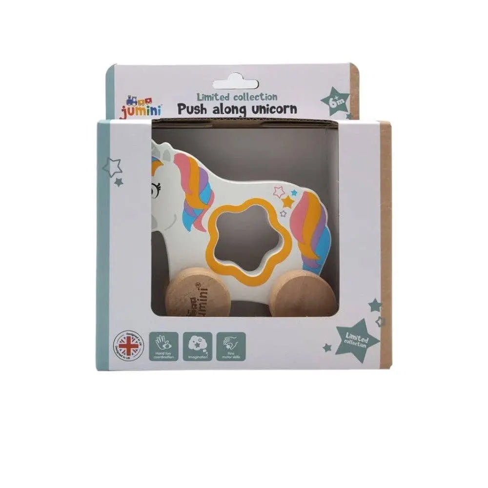 Push-along unicorn toy in packaging with 'Jumini' branding on a white background