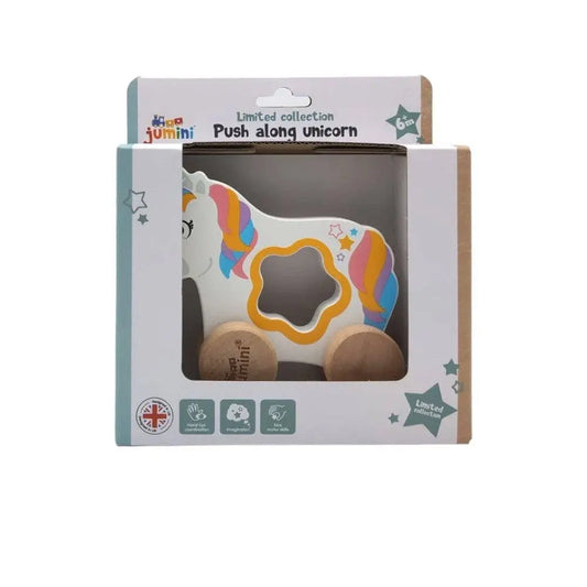 Push-along unicorn toy in packaging with 'Jumini' branding on a white background
