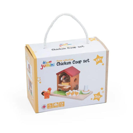 Boxed toy chicken coop set with colourful design and 'jumini' branding on a white background