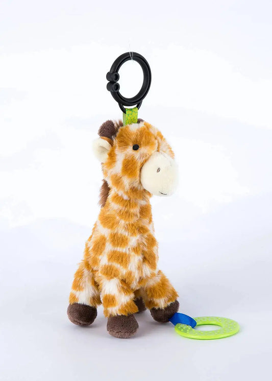 Plush giraffe toy with a clip on a white background