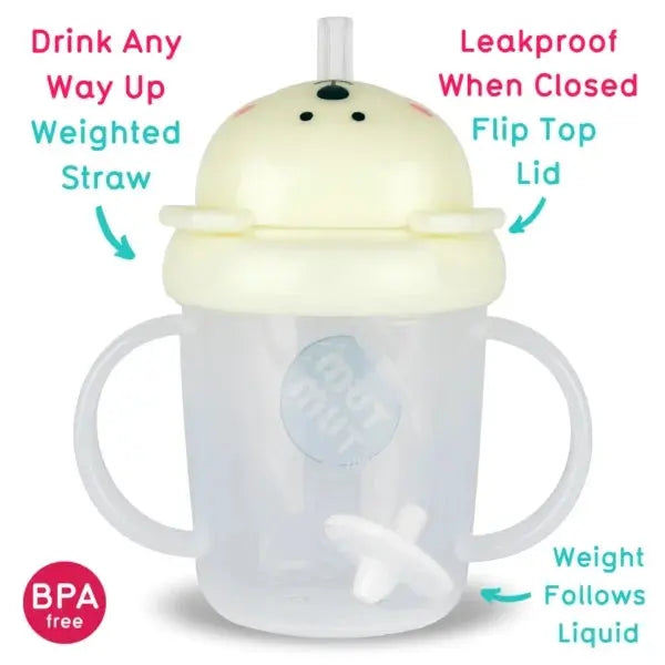Child's sippy cup with features highlighted on a white background