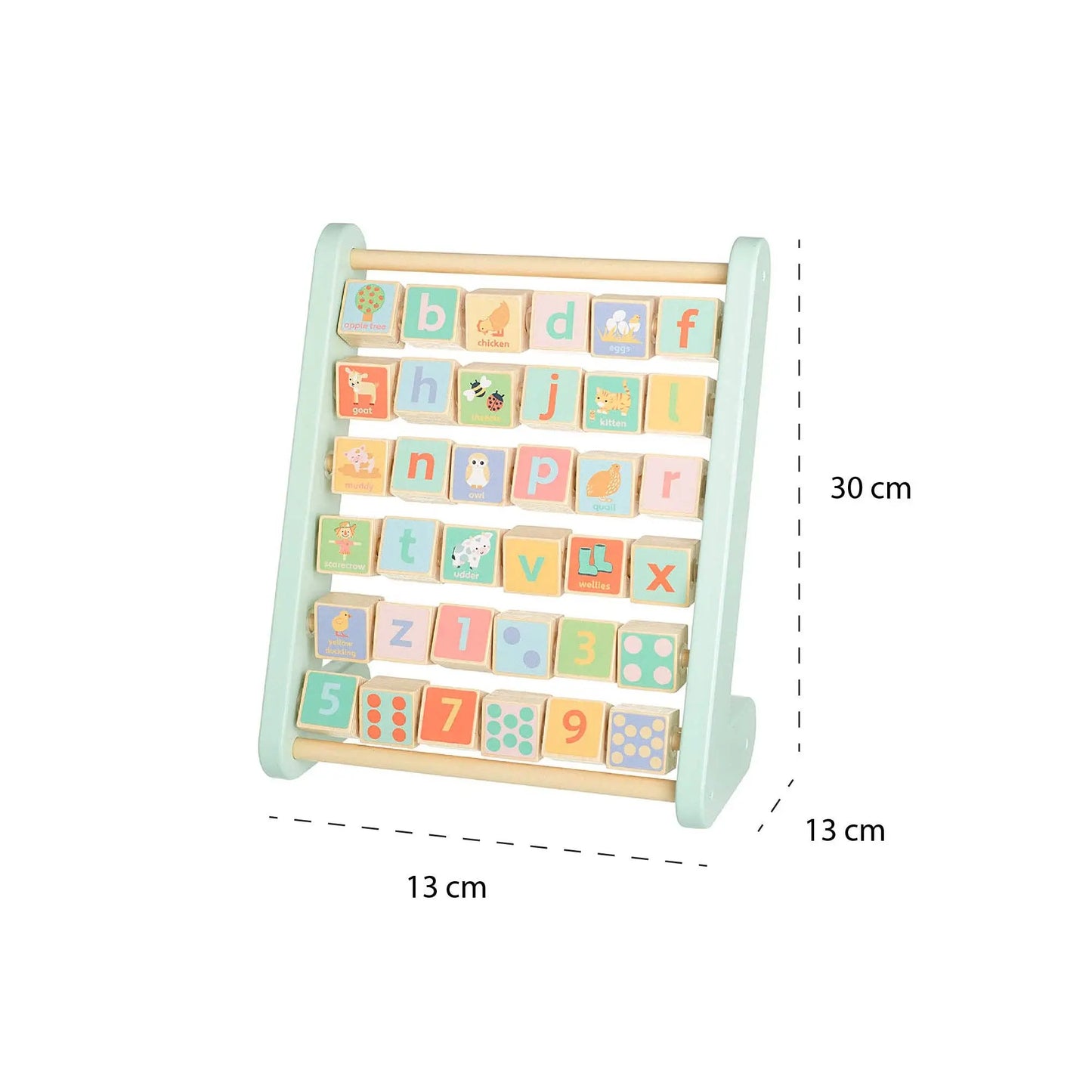 Farm Animal Wooden Alphabet Abacus showing dimensions