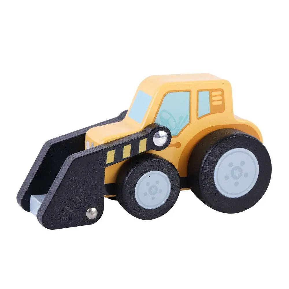 Toy bulldozer with black blade on a white background