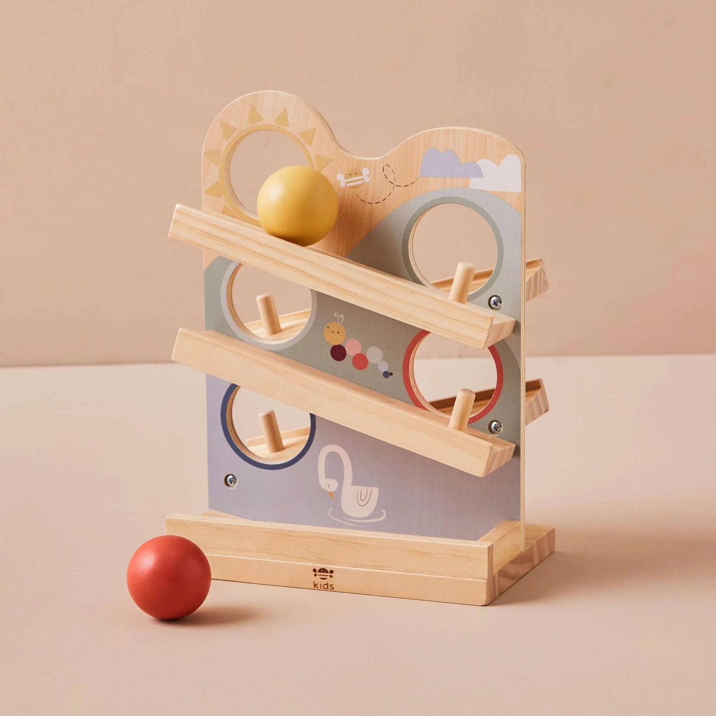 A beautifully designed wooden ball runner with colourful rolling balls.