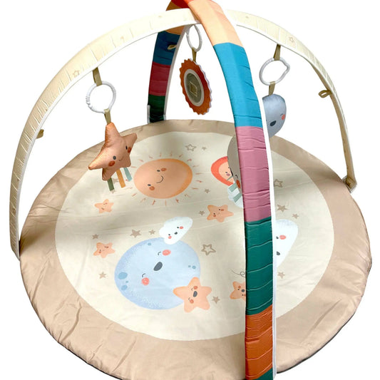 Baby play gym with colourful hanging toys on a white background