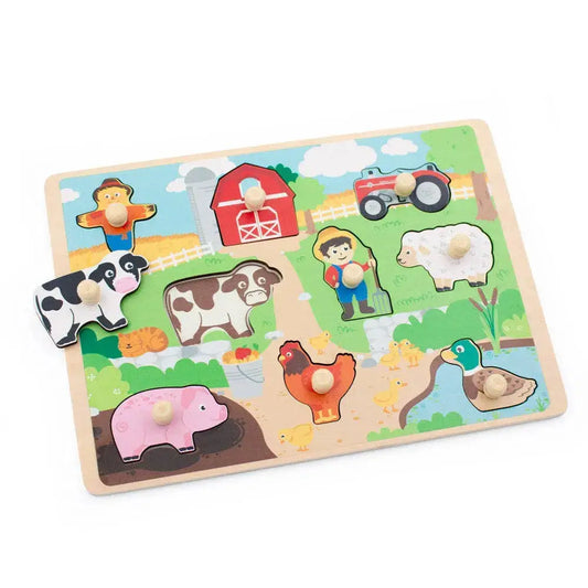 Wooden farm-themed puzzle with animal figures on a colourful background