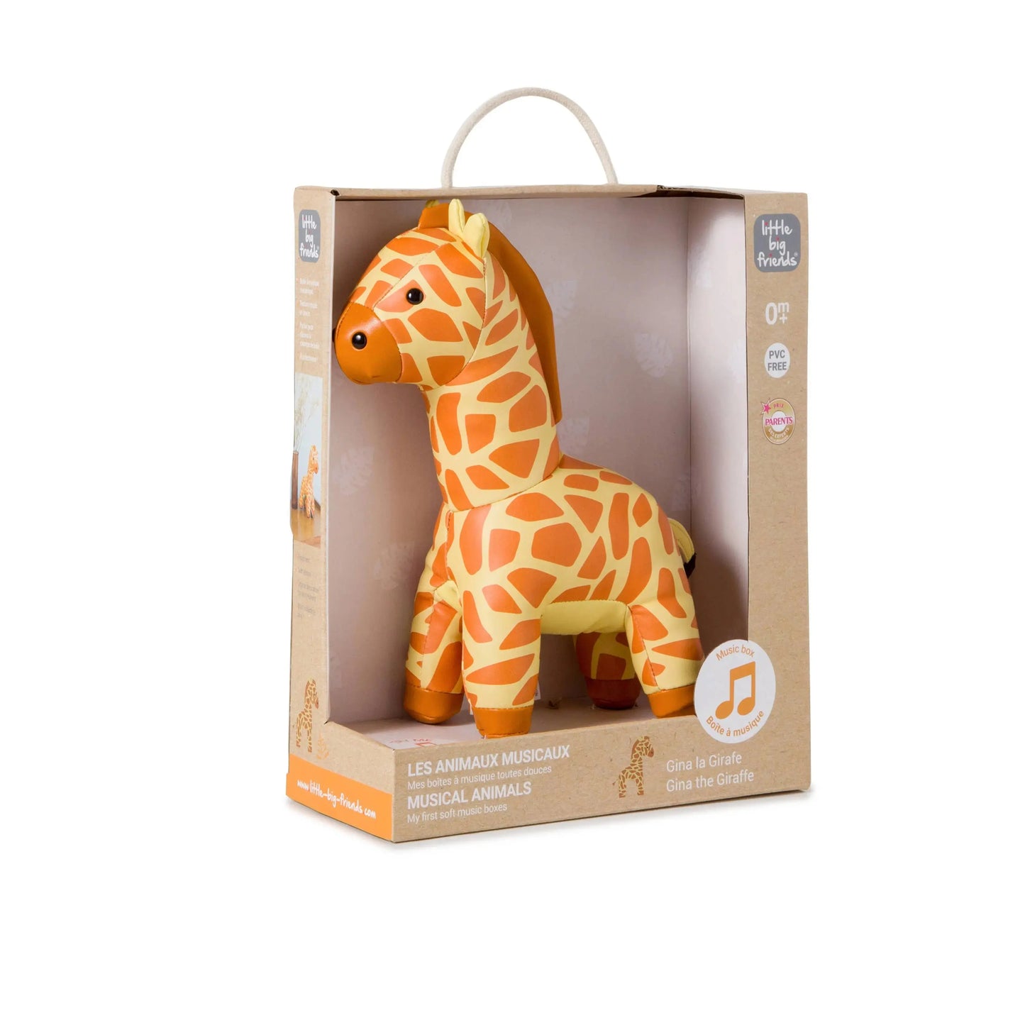 Giraffe-shaped toy in a cardboard box on a white background