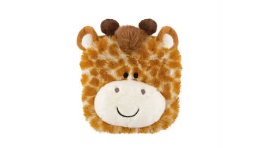 Plush giraffe toy book on a white background