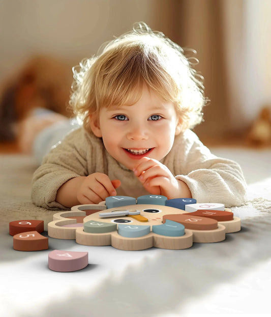 Child playing with a colourful wooden puzzle on a bed
