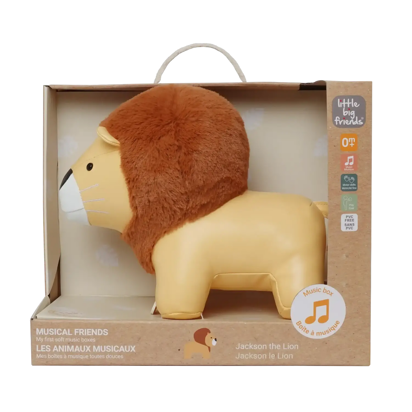 Plush lion toy in packaging with 'Little Big Friends' branding on a white background