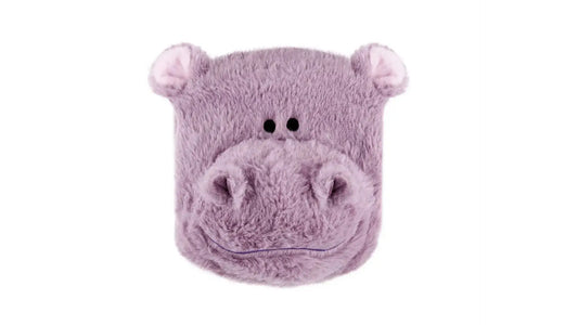 Purple hippo-shaped plush toy book on a white background