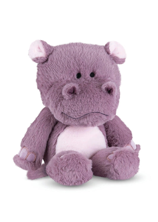 Purple plush hippo toy on a white background