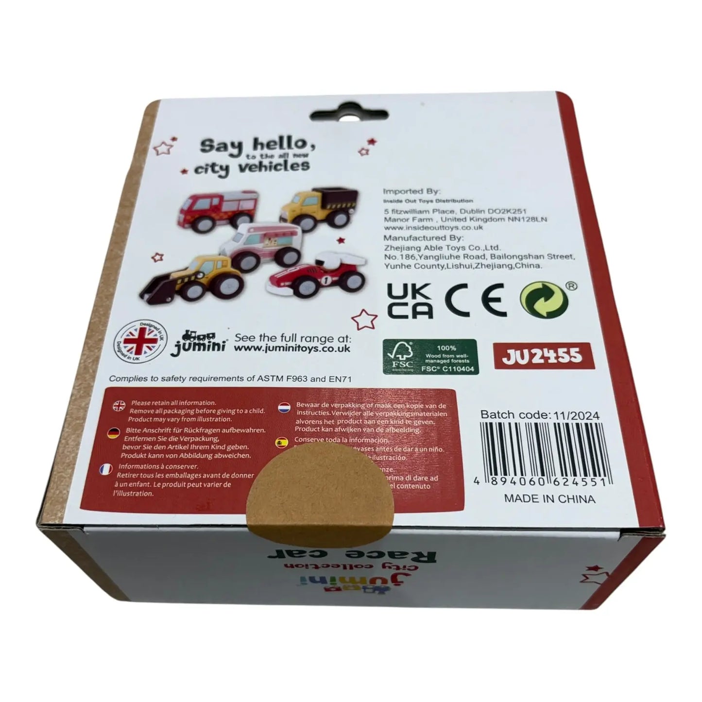 Box packaging for toy city vehicles with branding and product details.
