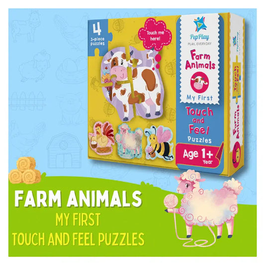 Children's puzzle set with farm animals on a blue and green background