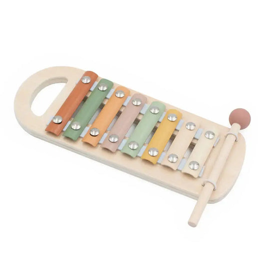 Colourful wooden xylophone toy on a white background